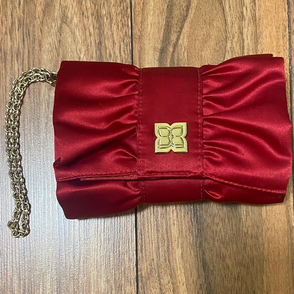BCBGMaxAzria Red Satin Ruched Clutch with Gold Chain